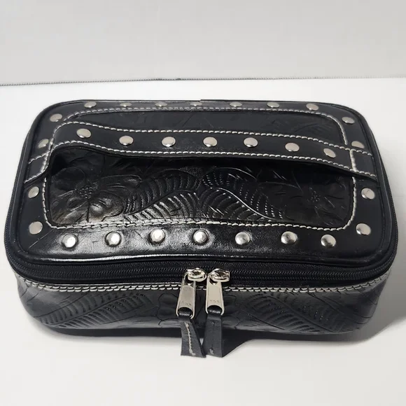 American West Studded Black Leather Toiletry Bag - Picture 1 of 14